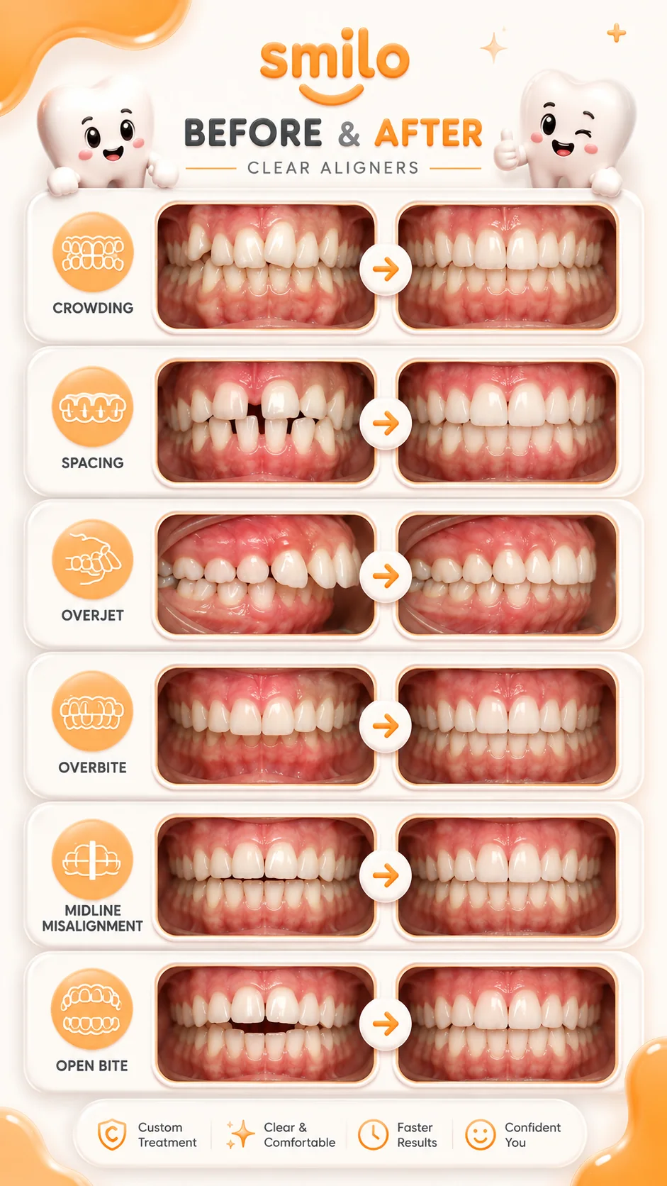 Before-and-after comparisons of clear aligner treatment for six common cases: crowding, spacing, overjet, overbite, midline misalignment, and open bite.